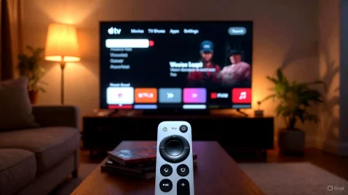 Apple TV Fernbedienung vor Fernseher mit Netflix Fehlercode 115 Problem.