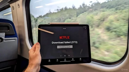 Tablet im Zug zeigt Netflix Fehler 373 beim Versuch, Filme herunterzuladen.
