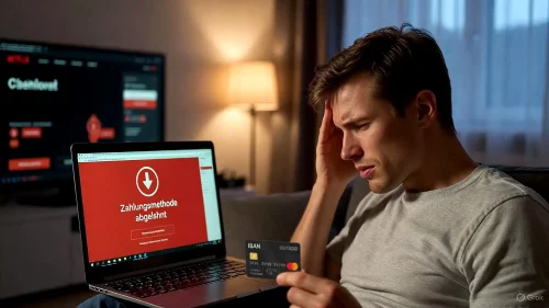 Frustrierte Person vor einem Laptop mit einer Fehlermeldung bei der Netflix-Zahlungseingabe der IBAN.