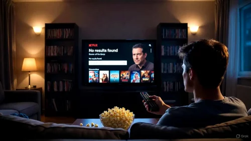 Enttäuschte Person vor dem Fernseher, auf dem eine Netflix-Suche ohne Ergebnis für eine verschwundene Serie zu sehen ist.