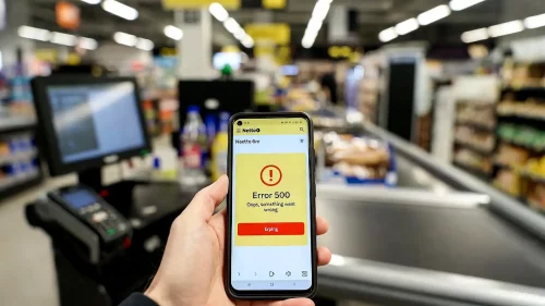 Smartphone zeigt Netto App Fehler 500 direkt an der Supermarktkasse.
