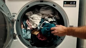 Verknotete Wäsche in Panasonic Waschmaschine verursacht Fehler U13, Hand löst die Unwucht.