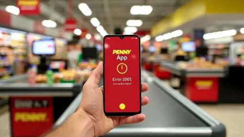 Smartphone zeigt Penny App Fehler 2001 direkt an der Kasse im Supermarkt.