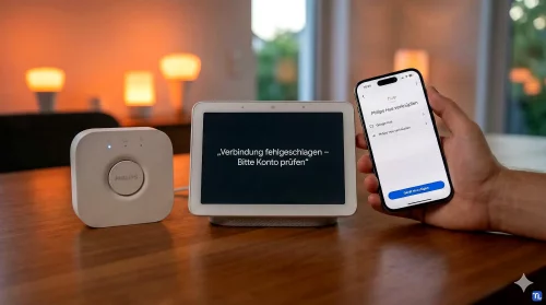 Ein Smart-Home-Display zeigt eine deutsche Fehlermeldung bei der Verknüpfung von Philips Hue Lampen im Jahr 2026.