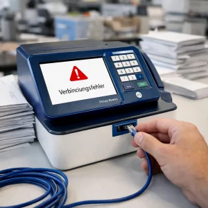 Pitney Bowes Frankiermaschine zeigt Verbindungsfehler auf dem Display beim Versuch Porto zu laden.