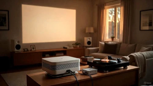 Ein moderner Laser TV Projektor und ein Plattenspieler sind über einen Phono-Vorverstärker auf einem Sideboard verbunden.