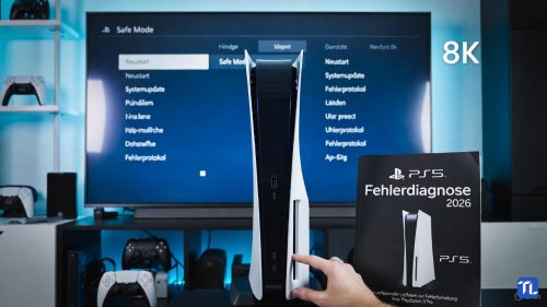 Eine Hand startet den sicheren Modus an einer PS5 Pro mit deutschen Menüanweisungen auf dem Bildschirm.