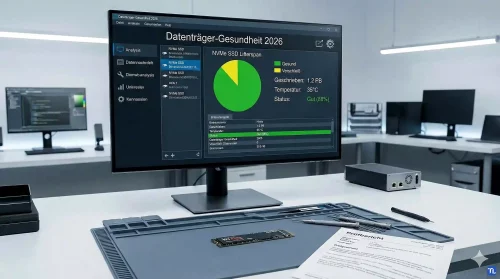Ein Monitor zeigt im Jahr 2026 die deutsche grafische Auswertung der S.M.A.R.T.-Werte einer SSD.
