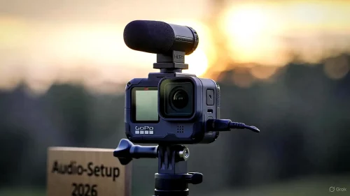 Eine GoPro Kamera mit montiertem externem Mikrofon und Media Mod für besseren Ton in Deutschland.