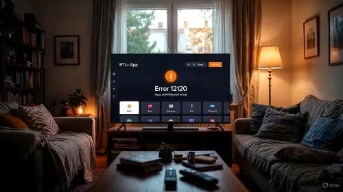Fernseher zeigt RTL+ App Fehler 12120 beim Versuch, eine Sendung zu streamen.