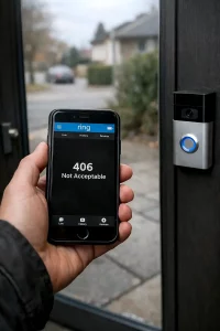 Smartphone zeigt Ring App Fehler 406 vor der Haustür.
