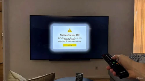 Das Display eines Samsung Smart TVs zeigt den Fehlercode 202 und Anweisungen zur DNS-Konfiguration in deutscher Sprache.