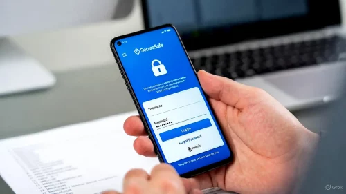 Smartphone zeigt SecureSafe App Login Fehler mit Recovery Code im Hintergrund.