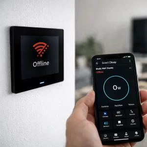 Shelly Wall Display an der Wand zeigt Offline-Status und keine Verbindung zur App.