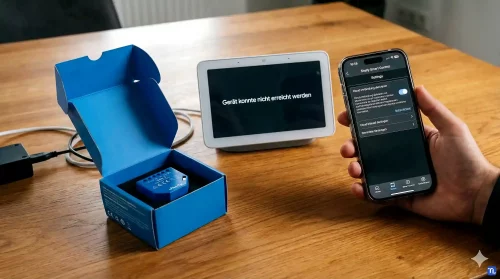 Ein Smart-Home-Szenario zeigt die deutsche Fehlerdiagnose für Shelly-Geräte in Google Home im Jahr 2026.