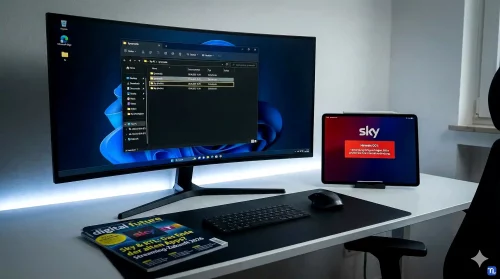 Ein Monitor zeigt im Jahr 2026 die manuelle Löschung von Sky Go Systemdateien zur Behebung von Fehler 001.