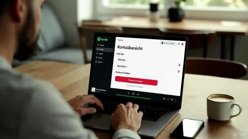 Ein Laptop zeigt die deutsche Spotify-Webseite mit den Einstellungen zur Kündigung des Premium-Abos.