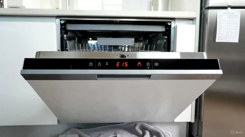 Ein Geschirrspüler zeigt den Fehlercode E15 und das Wasserhahn-Symbol auf einem deutschen Display.