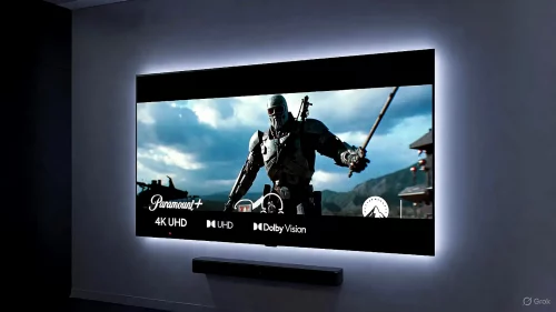 Moderner 4K Fernseher zeigt Paramount+ Inhalte in höchster Bildqualität mit HDR und Dolby Vision Symbolen.