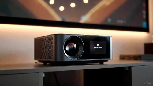 Ein TCL C11 Beamer wird für ein scharfes Bild in einem modernen Heimkino kalibriert.