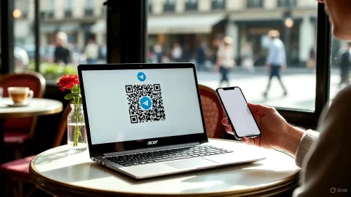 Eine Person scannt mit ihrem Handy einen QR-Code auf einem Acer Notebook in einem Café, um Telegram zu koppeln.