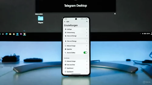 Smartphone zeigt die deutschen Telegram-Einstellungen zum Speichern von Bildern in der Galerie.