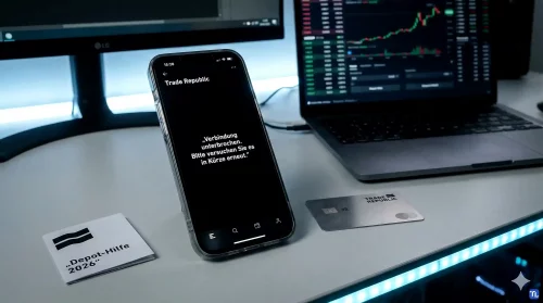 Ein Smartphone zeigt eine deutsche Fehlermeldung der Trade Republic App neben einer Metall-Bankkarte im Jahr 2026.