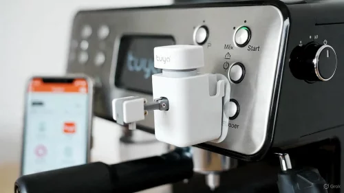 Tuya Fingerbot Zigbee drückt Startknopf an Kaffeemaschine.