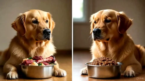 Hund zwischen zwei Näpfen: Links rohes BARF-Fleisch, rechts hochwertiges Nassfutter.