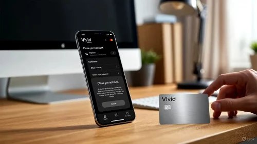 Smartphone zeigt den Kündigungsprozess der Vivid Money Banking App auf einem Schreibtisch.