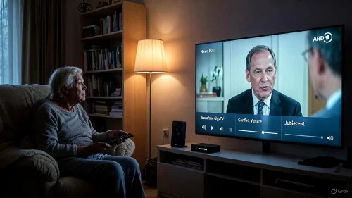 Frau am Fernseher versucht den asynchronen Ton ihrer Vodafone GigaTV Box einzustellen.