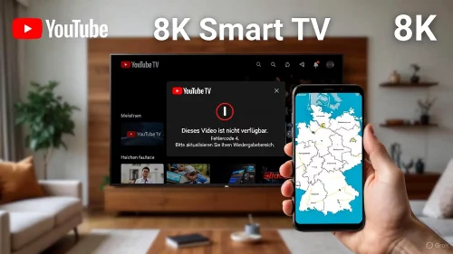 Ein Fernseher zeigt den YouTube Fehlercode 4 und die Aufforderung zur Standort-Aktualisierung in deutscher Sprache.