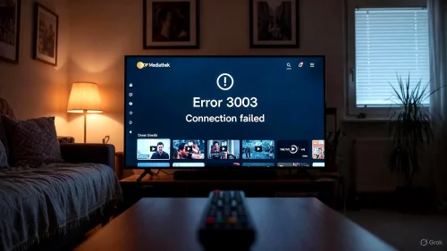 Smart TV zeigt ZDF Mediathek Fehlercode 3003 im Wohnzimmer beim Versuch, einen Stream zu starten.