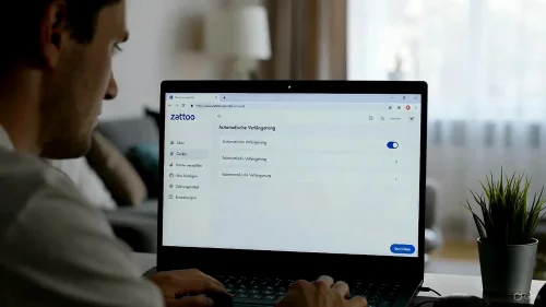 Ein Laptop zeigt das Zattoo-Konto-Menü mit den Einstellungen zur Kündigung der automatischen Abo-Verlängerung.