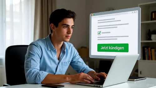 Nutzer kündigt erfolgreich seinen freenet-Vertrag über den gesetzlich vorgeschriebenen Online-Button am Laptop.