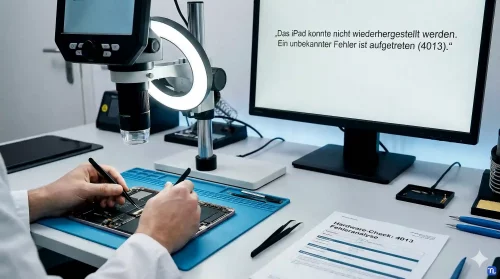 Ein Techniker analysiert im Jahr 2026 ein iPad mit dem Fehlercode 4013 unter einem Mikroskop.