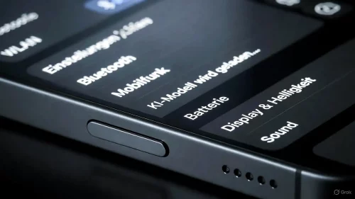 Detailaufnahme des neuen Capture-Buttons an einem iPhone mit deutschen Systemeinstellungen zur KI-Aktivierung.