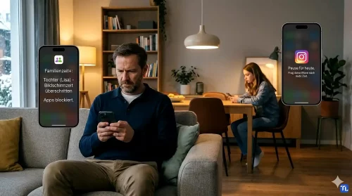 Ein Vater konfiguriert die Bildschirmzeit und Auszeit für das iPhone seines Kindes im Jahr 2026.