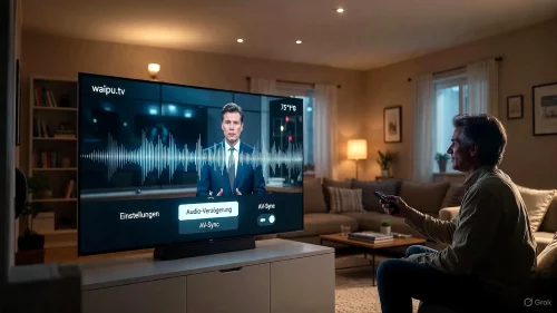 Visualisierung von asynchronem Ton bei waipu.tv und die Korrektur über die Geräteeinstellungen am Fernseher.