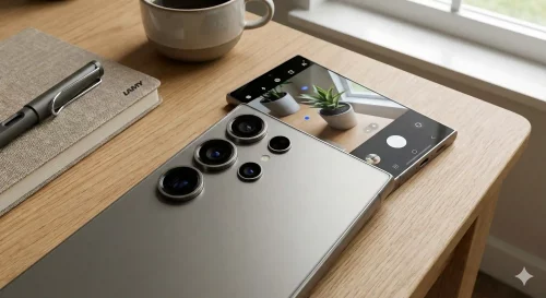 Nahaufnahme eines Samsung Galaxy Smartphones bei dem die Kameralinsen auf Verschmutzungen geprueft werden.