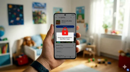 Ein Android-Smartphone mit aktiver Installationssperre im Google Play Store.
