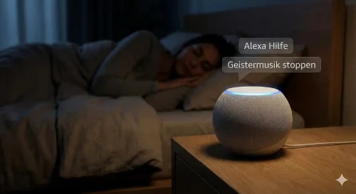Ein Amazon Echo Gerät leuchtet nachts blau in einem Schlafzimmer, während Fehler bei der Musikwiedergabe im Jahr 2026 diagnostiziert werden.
