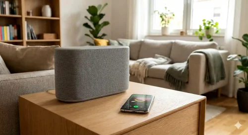 Ein Amazon Echo Lautsprecher und ein Smartphone mit der geöffneten Spotify App auf einem Tisch.