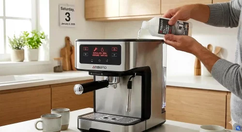 Eine Ambiano Espressomaschine wird im Jahr 2026 fachgerecht entkalkt, um die Lebensdauer zu verlängern.