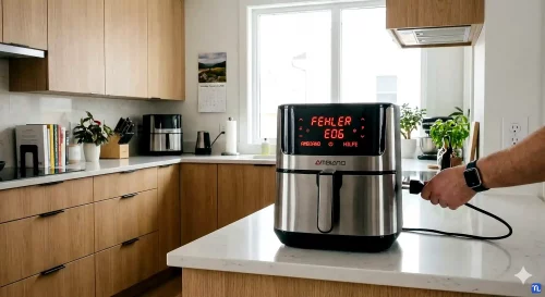 Das digitale Display einer Ambiano Heißluftfritteuse zeigt den Fehlercode E06 für ein Sensorproblem an.