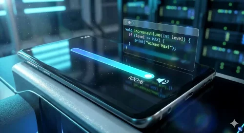Ein Smartphone mit Android 16 zeigt vollen Lautstärkepegel neben einem schwebenden Befehlszeilen-Fenster zur Fehlerbehebung.