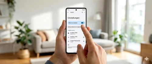 Android-Smartphone mit geöffnetem WLAN-Menü zeigt den Schalter für adaptive Konnektivität.