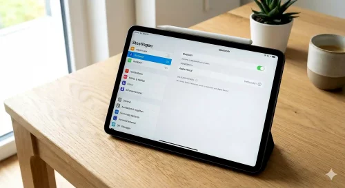 Ein Apple Pencil liegt auf einem iPad Pro, während das Bluetooth-Menü in den Einstellungen geöffnet ist.