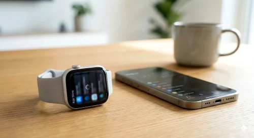 Eine Apple Watch zeigt den App Store mit einer App die gerade installiert wird neben einem iPhone.