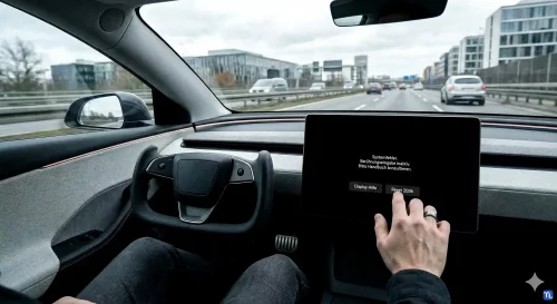 Eine Hand berührt einen eingefrorenen Touchscreen im Auto, um einen System-Reset durchzuführen.